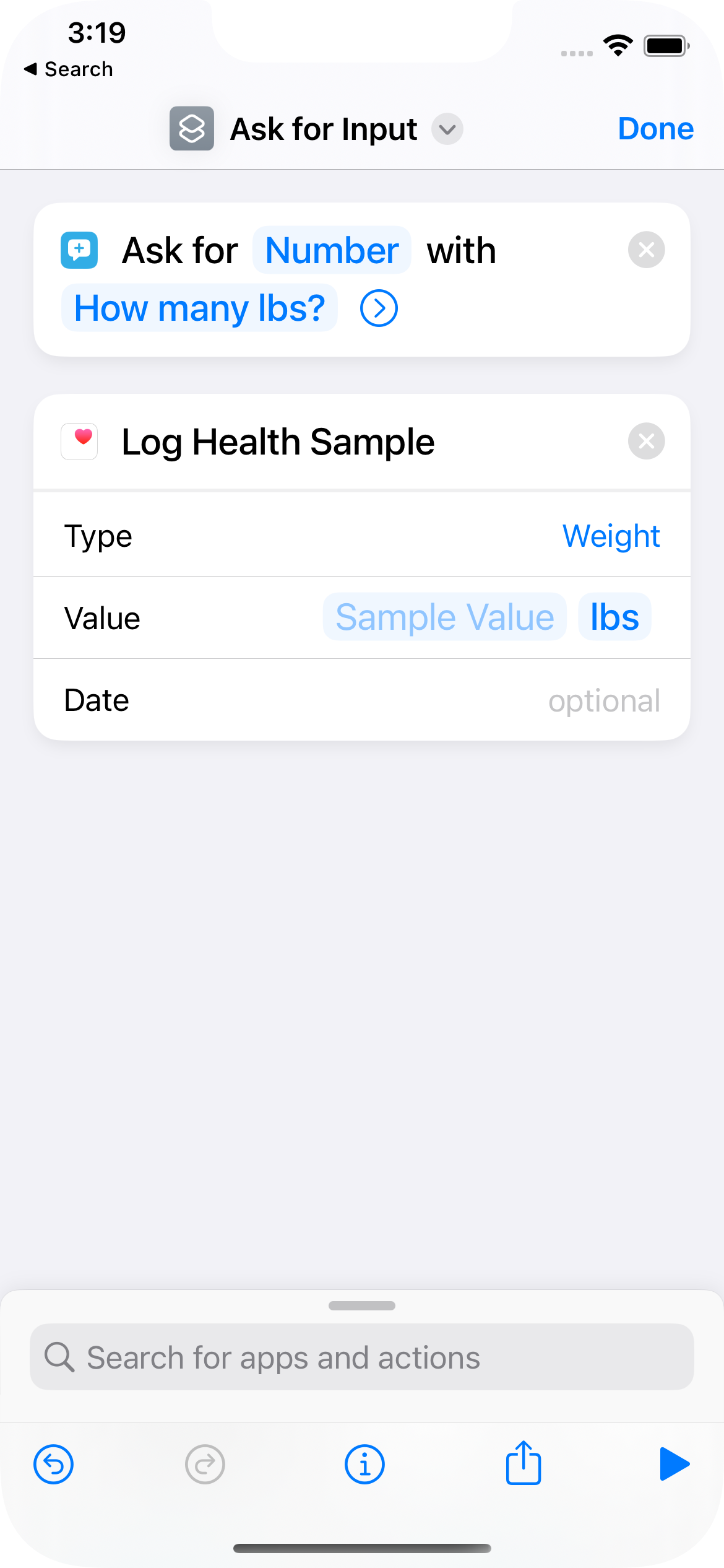 Screenshot from Shortcuts App