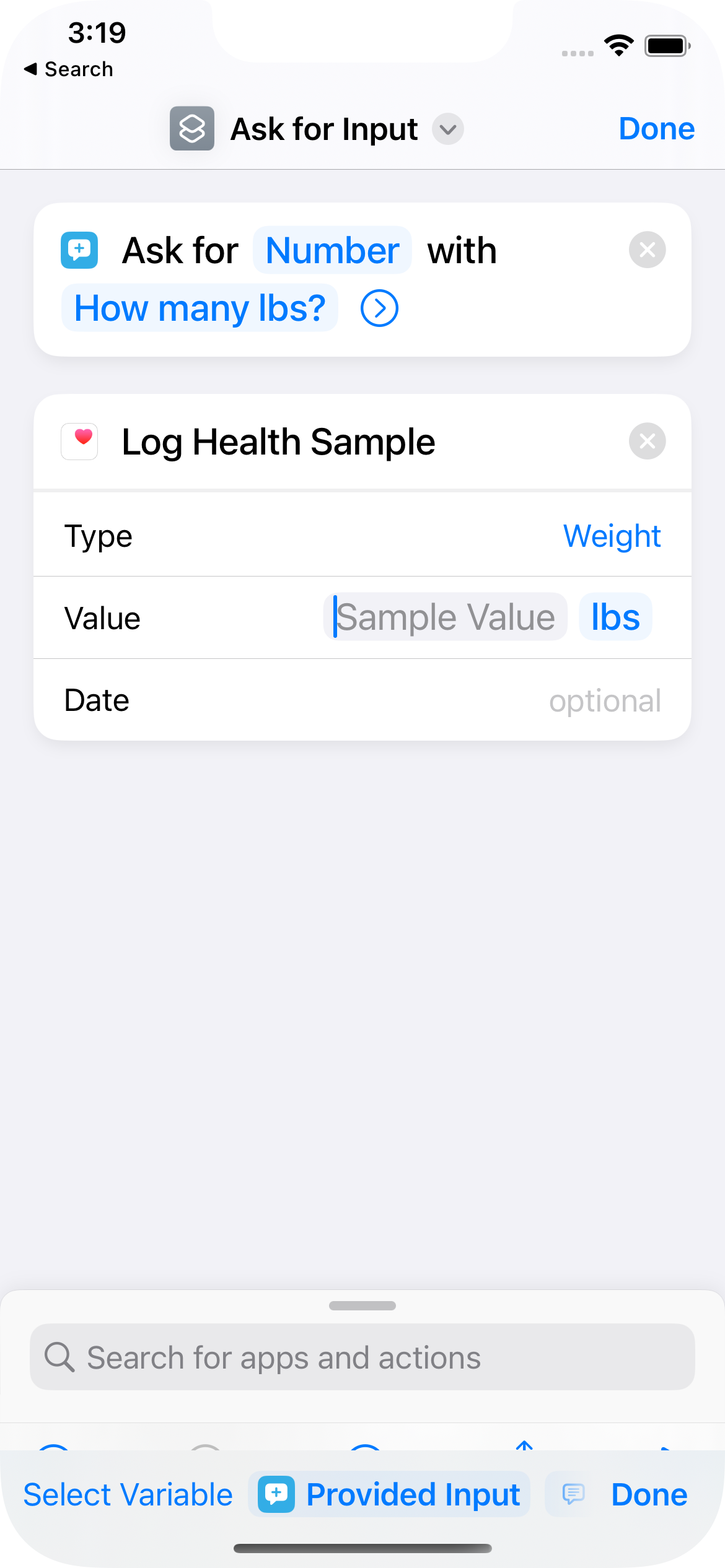 Screenshot from Shortcuts App