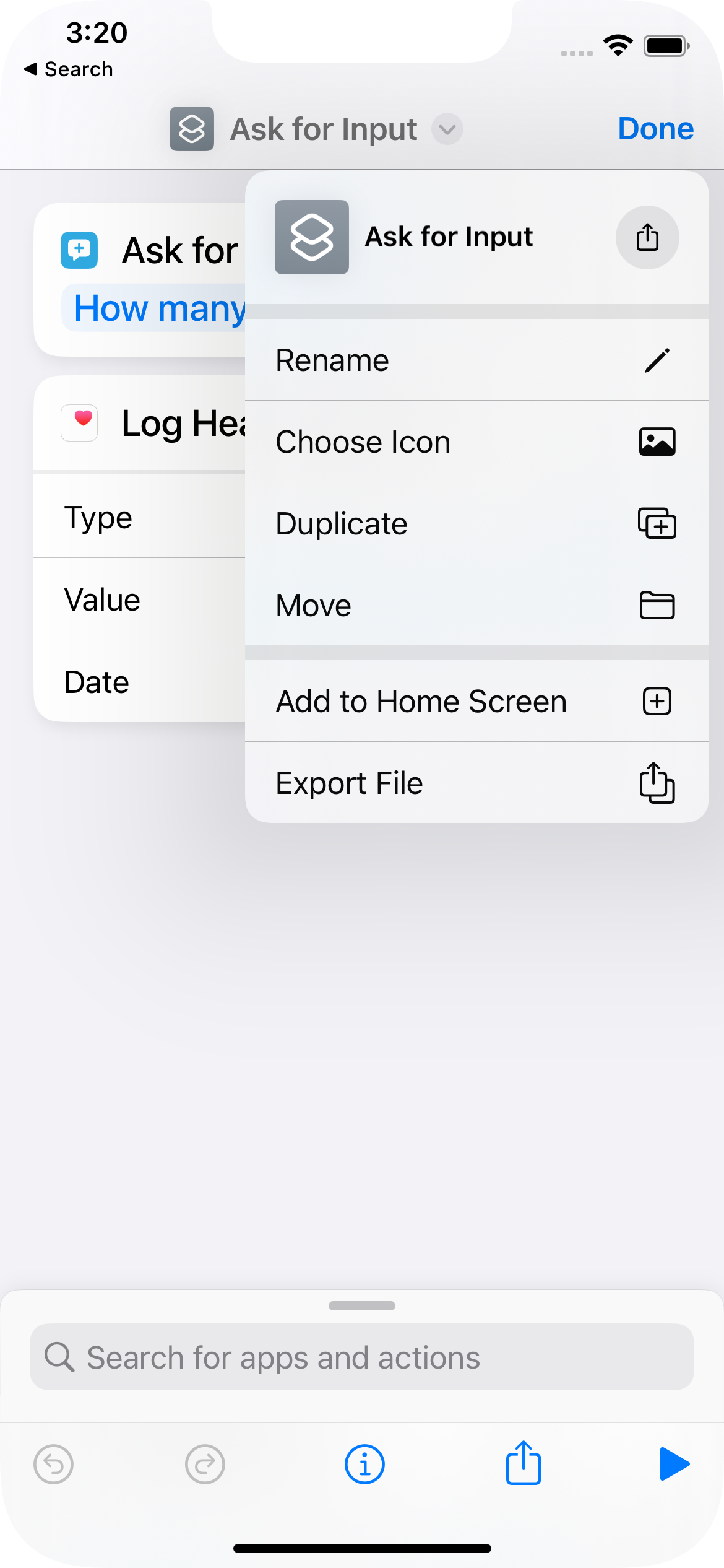 Screenshot from Shortcuts App
